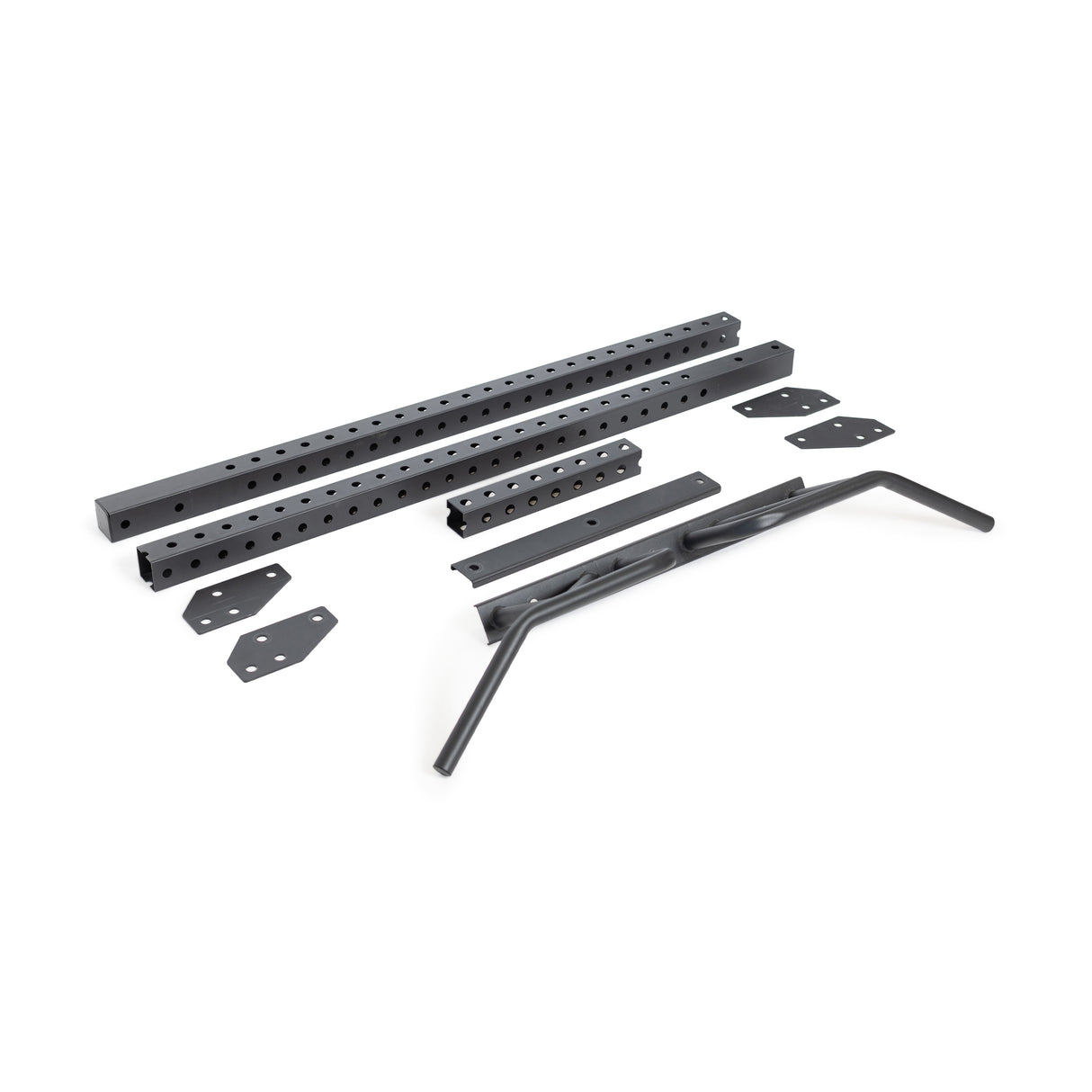 Assorted black metal components, such as perforated bars, plates, and rods, are artfully displayed on a white background, evoking the robust design of a fitness fortress or the precision akin to the Bells of Steel Cable Crossover Machine.