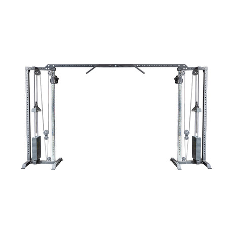 The Bells of Steel Cable Crossover Machine features dual adjustable pulleys, weight stacks on both sides, and a pull-up bar—ideal for versatile strength training exercises.