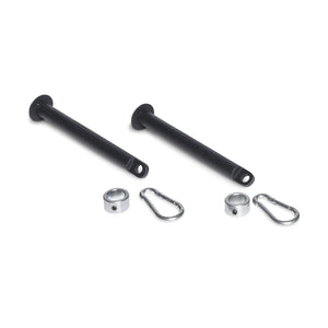 Two Bells of Steel Band Pegs with Carabiners and two small silver metal clips, all neatly arranged on a white background.