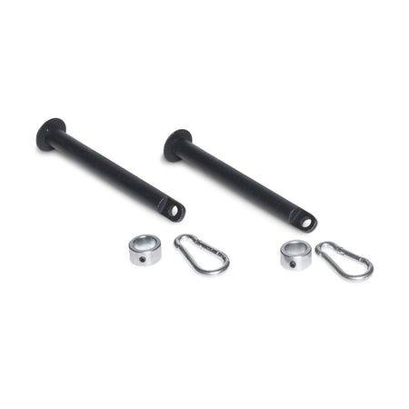 Two Bells of Steel Band Pegs with Carabiners and two small silver metal clips, all neatly arranged on a white background.