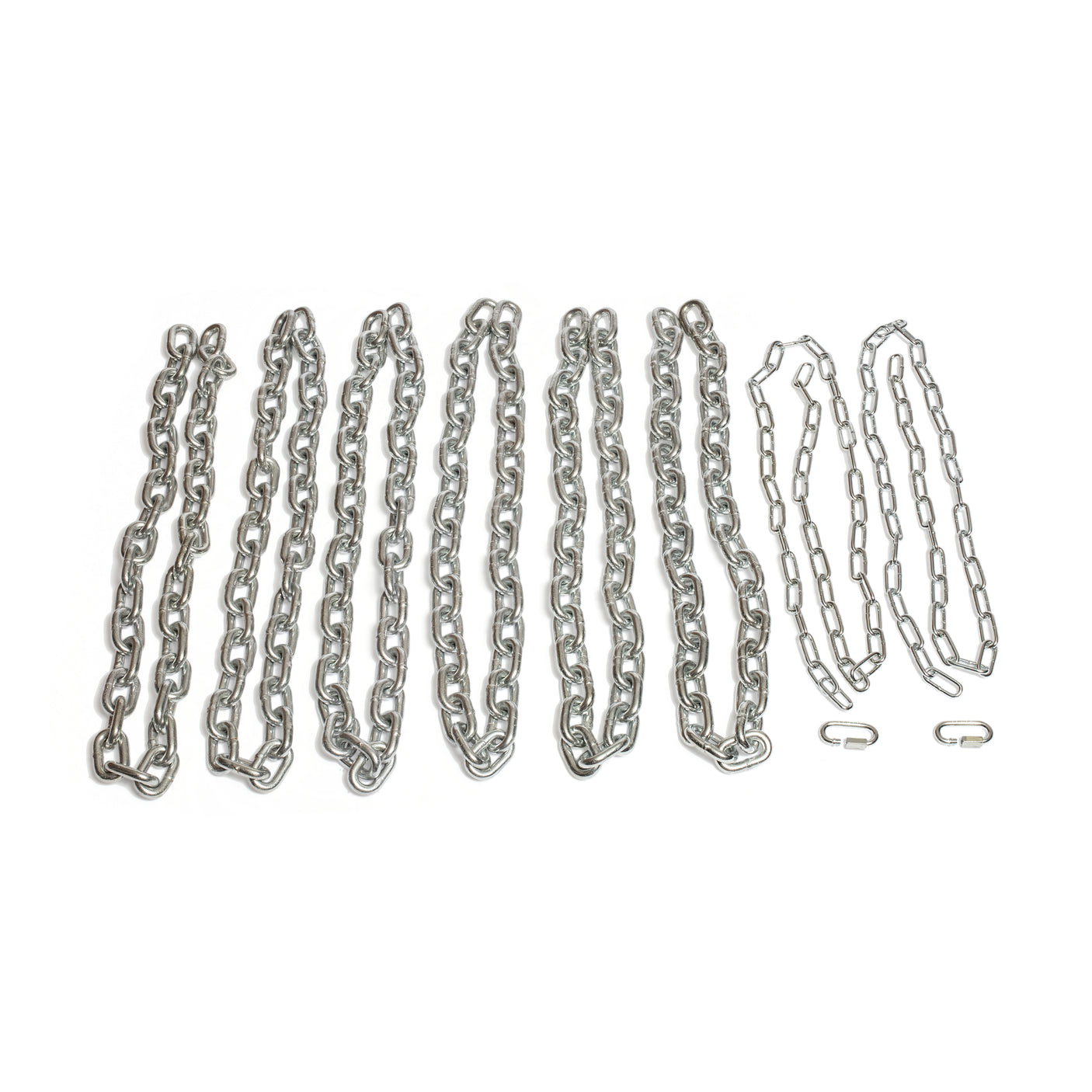 Eight Bells of Steel Weightlifting Chains, rust-resistant and varying in thickness and length, are arranged in a row on a white background, with two separate metal chain links placed on the right.