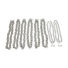 Eight Bells of Steel Weightlifting Chain Sets with varying lengths and thicknesses are displayed in a row on a white background, showcasing progressive resistance options, with two chain links placed separately on the right.