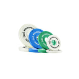 A set of Bells of Steel Urethane-Coated Change Plate Sets in white, blue, and green features the brand name and logo on each plate, highlighting urethane-like durability—all arranged on a clean white background.