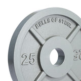 A close-up of a Machined Iron Olympic Weight Plate Set by Bells of Steel, showing the gray plate with "BELLS OF STEEL" and "25" embossed, and a precision center hole for easy barbell mounting.
