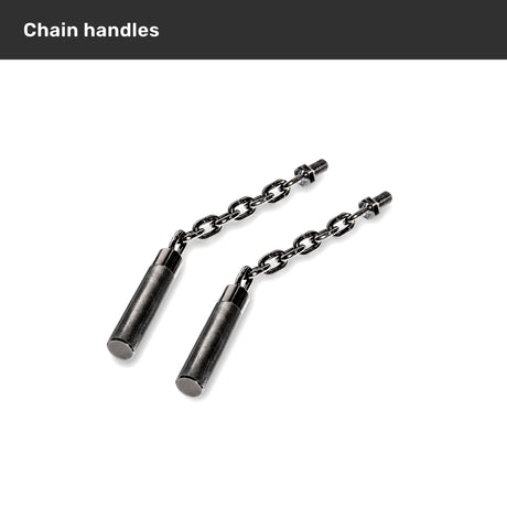 The Bells of Steel Safety Squat Bar - The SS4, featuring metallic chain handles with cylindrical grips and short links, is displayed parallel on a white background, ideal for leg workouts.