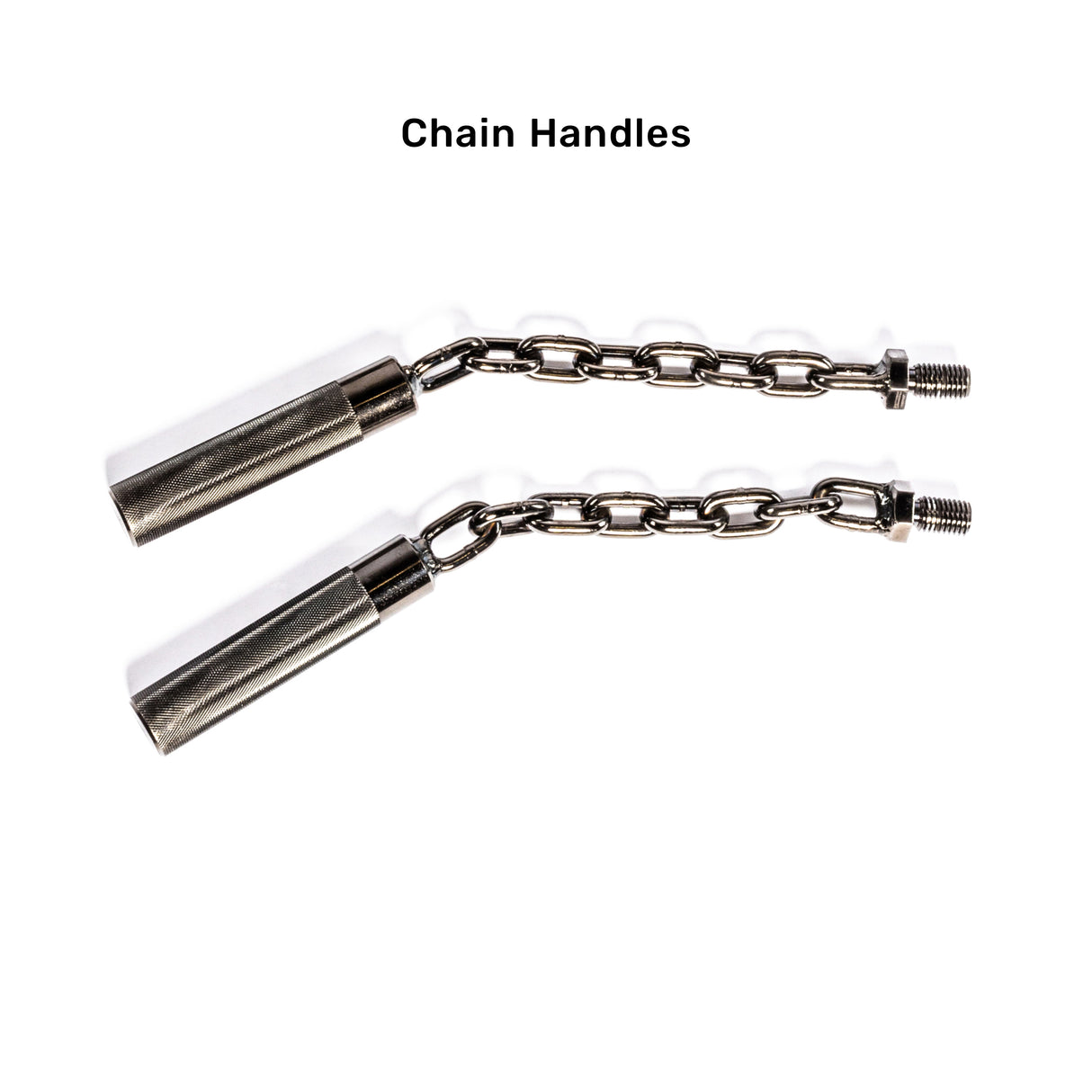 Two metal chain handles with threaded ends are shown on a white background, resembling parts of the Bells of Steel Safety Squat Bar - The SS4. The chains link cylindrical grips to the threaded connections, hinting at an ergonomic pad design. The image is labeled "Chain Handles" at the top.