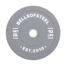 The Bells of Steel Colored Bumper Plates include a grey round design with "BELLSOFSTEEL" and "10 LBS" inscribed, plus "EST. 2010" at the bottom. Its stainless steel insert ensures accurate weight and a perfect fit on barbells.