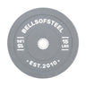 A gray Bells of Steel "Colored Bumper Plates" features a stainless steel insert, printed with "BELLSOFSTEEL," "15 LBS," and "EST. 2010." A lighter gray circle surrounds the center hole for accuracy.