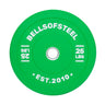 A vibrant green colored bumper plate from Bells of Steel has "25 LBS" on each side, "BELLSOFSTEEL" at the top, and "EST. 2010" below. It includes a stainless steel insert ring for lasting performance.