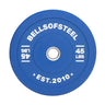 The Colored Bumper Plates by Bells of Steel are 45-pound blue plates with "BELLSOFSTEEL" and "EST. 2010" in white. They feature accurate weight and a stainless steel insert ring for durability and precision during workouts.