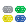 The Bells of Steel Colored Bumper Plate Sets include four pairs—gray (10 lbs), green (25 lbs), yellow (35 lbs), and blue (45 lbs)—all with stainless steel inserts, "BELLSOFSTEEL EST. 2010" labels, and accurate weight for every lift.