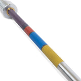 Close-up of a Bells of Steel Hydra Seven Ring Bar featuring multicolored grip sections in purple, red, blue, and yellow. Perfect for powerlifting or weightlifting enthusiasts against a plain white background.