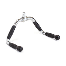 The Bells of Steel Multi Purpose Close Grip Cable Attachment features a chrome V design with rubber grips, ideal for strength training exercises like seated rows or lat pulldowns on cable machines.