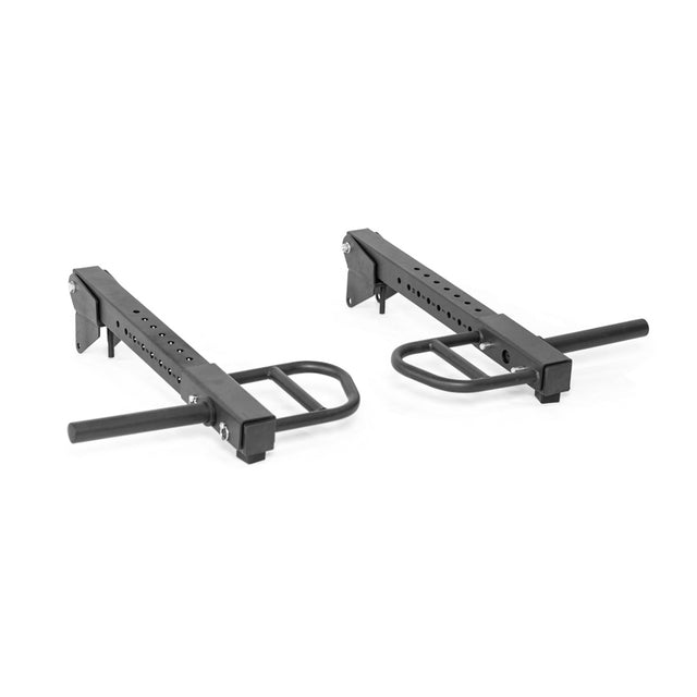 The Bells of Steel Lever Arms Rack Attachment features two adjustable black metal spotter arms with multiple holes for height adjustments and safety bar extensions, offering space-efficient attachments against a white background.