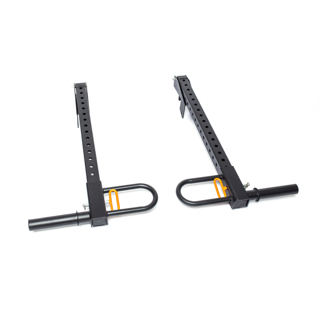 The Bells of Steel Lever Arms Rack Attachment, a pair of black adjustable arms for weightlifting, features multiple holes and orange safety pins. It boasts a cylindrical end and a hook shape for space-efficient use, set against a white background.