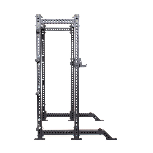 The Bells of Steel Manticore Collegiate Power Rack - Prebuilt (3" x 3", 1" Holes) is a black metal rack with adjustable attachments, ideal for weightlifting and strength training in any home gym, shown against a plain white background.