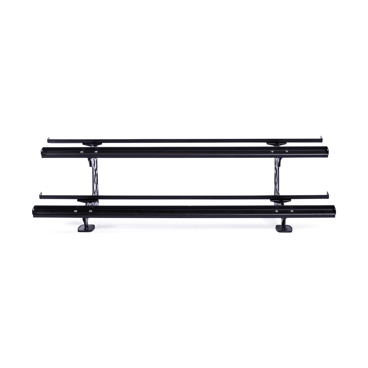 The Bells of Steel Commercial Interchangeable Weight Rack features a minimalist black, two-tiered design with a swappable storage shelf. Its sleek metal tubing frame includes rubber feet for stability and an open design for easy access and efficient organization.