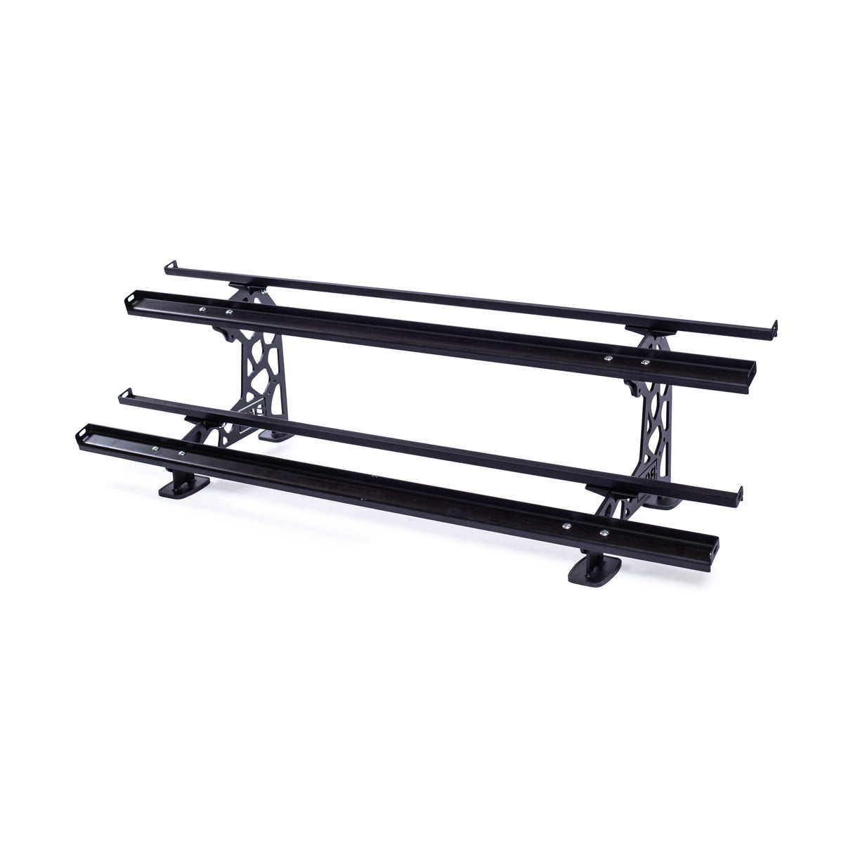 The Commercial Interchangeable Weight Rack - Components Only by Bells of Steel is a black metal freestanding rack with three horizontal rails and two triangular supporting sides, featuring a swappable storage shelf designed for skis or snowboards.