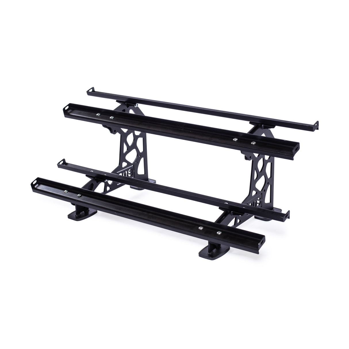 The Bells of Steel Commercial Interchangeable Weight Rack is a black, three-tier, heavy-duty rack with angular frames and parallel bars. Designed for easy mounting and access, it features swappable storage shelves and visible support brackets with attachment points for secure weight storage.