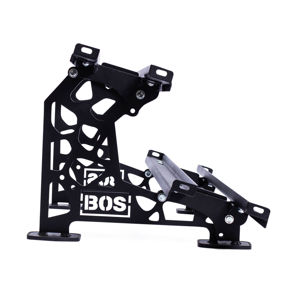 A black metal frame with intricate cut-out details and the "BOS" logo, this Commercial Interchangeable Weight Rack by Bells of Steel features multiple mounting points and hinges, ideal for adjustable support when integrating swappable storage shelves or organizing urethane dumbbells.