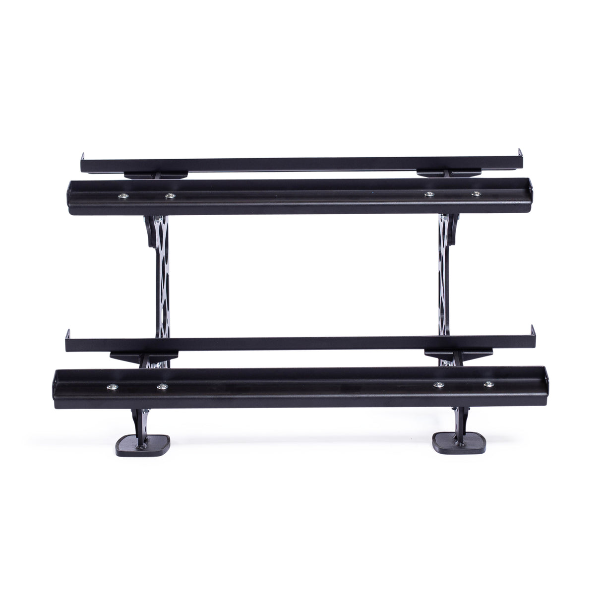 A pair of black rectangular running boards for vehicles, featuring a textured step surface and installation brackets. Reminiscent of components from the Bells of Steel Commercial Interchangeable Weight Rack, they're shown on a plain white background.