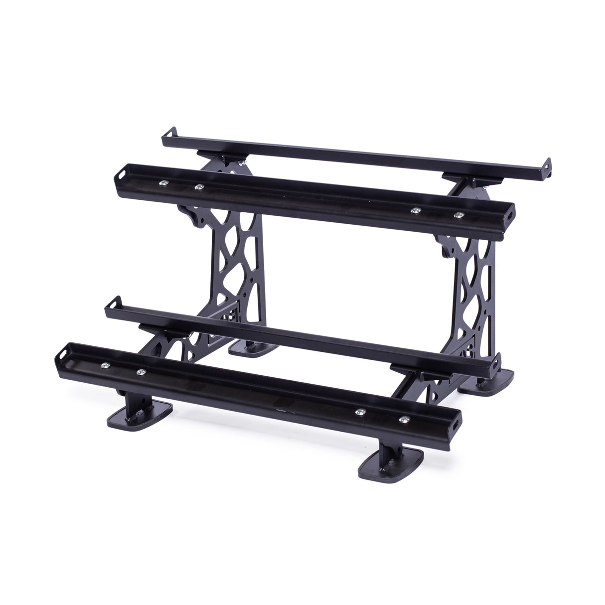 The Bells of Steel Commercial Interchangeable Weight Rack is a black, three-tier metal display stand featuring geometric cutout designs on the sides and swappable storage shelves, presented against a plain white background.