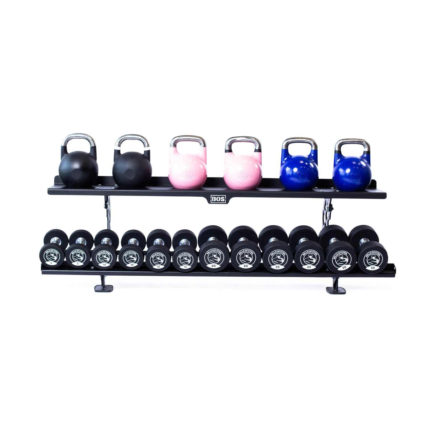 The Bells of Steel Commercial Interchangeable Weight Rack - Components Only displays competition kettlebells in black, pink, and blue on the top shelf, and commercial urethane dumbbells with silver plates below, set against a white background.