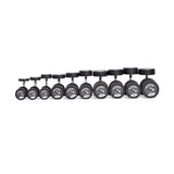 A set of ten Bells of Steel Urethane Dumbbells, each with increasing size and weight, is arranged in a line. The stainless steel heads feature the brand's bull logo for a commercial-grade quality finish.