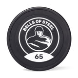The Bells of Steel Urethane Dumbbell Sets feature a sleek black design with "BELLS OF STEEL" and a muscular figure in white, plus the weight number—crafted with commercial-grade quality for durability.