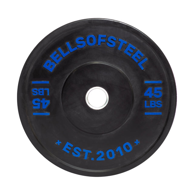 The black Dead Bounce Conflict Bumper Plate by Bells of Steel, labeled "45 LBS" and featuring "EST. 2010" in blue text, includes a stainless steel insert for durability, with mirrored weight markings for balanced workouts.