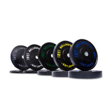 Line up Dead Bounce Conflict Bumper Plates for weightlifting