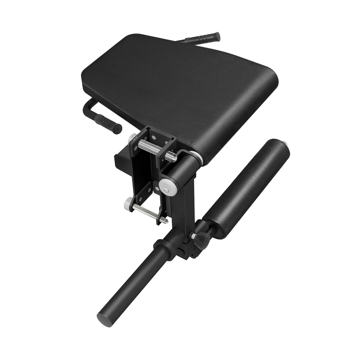 Bells of Steel Leg Curl / Leg Extension Rack Attachment in black, featuring a padded seat, leg rollers, and a steel mounting bracket for your power rack.