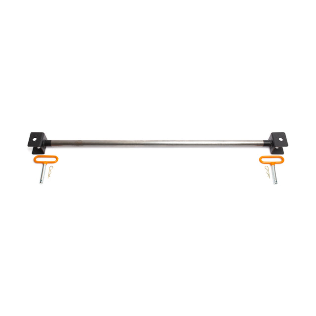 A vehicle alignment bar from Bells of Steel, featuring black brackets on each end and orange and silver locking pins, resembles the robust design of their Adjustable Pull-up Bar Rack Attachment.