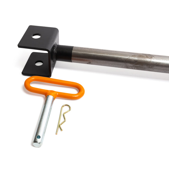 On a white background, a Bells of Steel adjustable pull-up bar rack attachment features a black metal bracket on a steel rod, accompanied by an orange-handled hitch pin and a small metal clip.