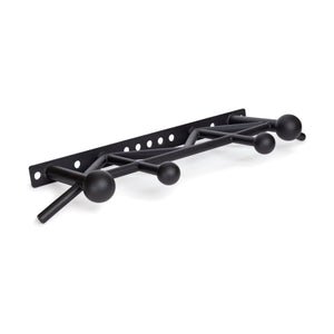 The Bells of Steel Globe Pull Up Bar is a black metal pull-up bar with four large Globe Grips, multiple angled handles, and a rectangular base with wall-mount holes, offering diverse grip positions for effective strength training.