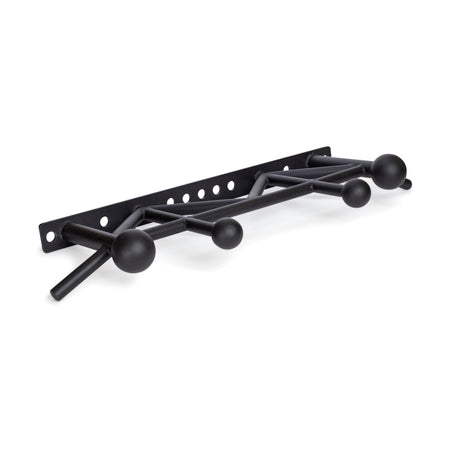 The Bells of Steel Globe Pull Up Bar is a black metal pull-up bar with four large Globe Grips, multiple angled handles, and a rectangular base with wall-mount holes, offering diverse grip positions for effective strength training.