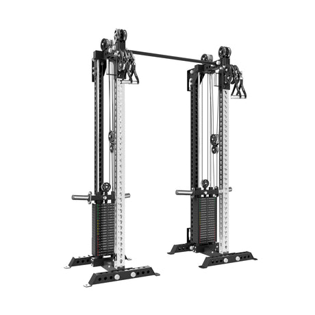 The Oblivyon Tower 3" x 3” Cable Tower Squat Stands by Bells of Steel USA features dual weight stacks, adjustable arms, multiple pulleys, and attachment handles—ideal for versatile strength training in any gym.