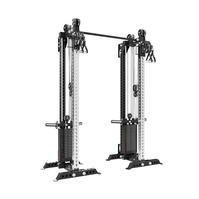 The Oblivyon Tower 3" x 3” Cable Tower Squat Stands by Bells of Steel USA features dual weight stacks, adjustable arms, multiple pulleys, and attachment handles—ideal for versatile strength training in any gym.