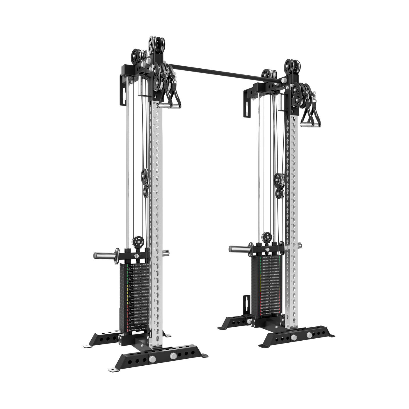 The Bells of Steel USA Oblivyon Tower - 3" x 3" Cable Tower Squat Stands features dual adjustable cable towers, weight stacks, and handles—ideal for strength training and resistance exercises in any gym.