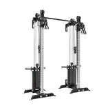The Bells of Steel USA Oblivyon Tower - 3" x 3" Cable Tower Squat Stands features dual adjustable cable towers, weight stacks, and handles—ideal for strength training and resistance exercises in any gym.