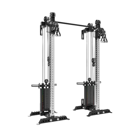 The Bells of Steel USA Oblivyon Tower - 3" x 3" Cable Tower Squat Stands features dual adjustable cable towers, weight stacks, and handles—ideal for strength training and resistance exercises in any gym.