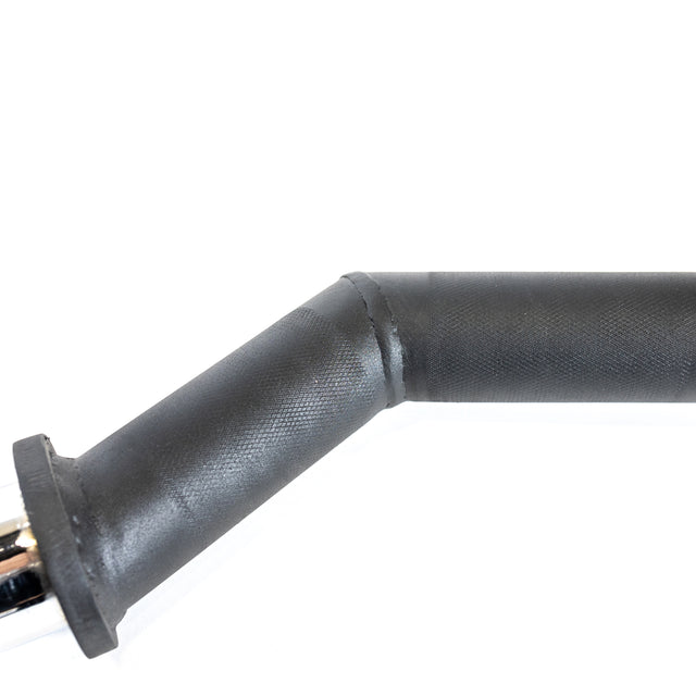 Close-up of the Fat Bar - Olympic Curl Bar Cable Attachment by Bells of Steel, featuring a black, textured rubber hose with a metal connector at one end. Angled in shape and sturdy, it resembles equipment for grip strength building in automotive or industrial settings. The backdrop is white.