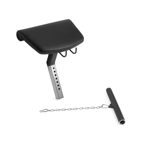 Adjustable padded seat for the Legacy Leg Extension / Hamstring Curl Machine - Plate Loaded, featuring a vertical support post and a detachable handle attached to a metal chain.