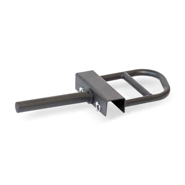 The Bells of Steel Lever Arms Rack Attachment is a metal object with a cylindrical bar and rectangular bracket featuring a looped handle, resembling space-efficient attachments. Displayed against a white background, it appears to be similar to adjustable pull-up bars.