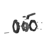 Exploded view of Bells of Steel Magnetic Clamp Collars, displaying hexagonal and cylindrical parts, a lever, pins, and screws in sequence—perfect for illustrating assembly on a white background.