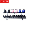 The Bells of Steel Commercial Interchangeable Weight Rack displays competition kettlebells and commercial urethane dumbbells of various sizes and colors on a white background. A red "10% off" banner is in the top left corner.