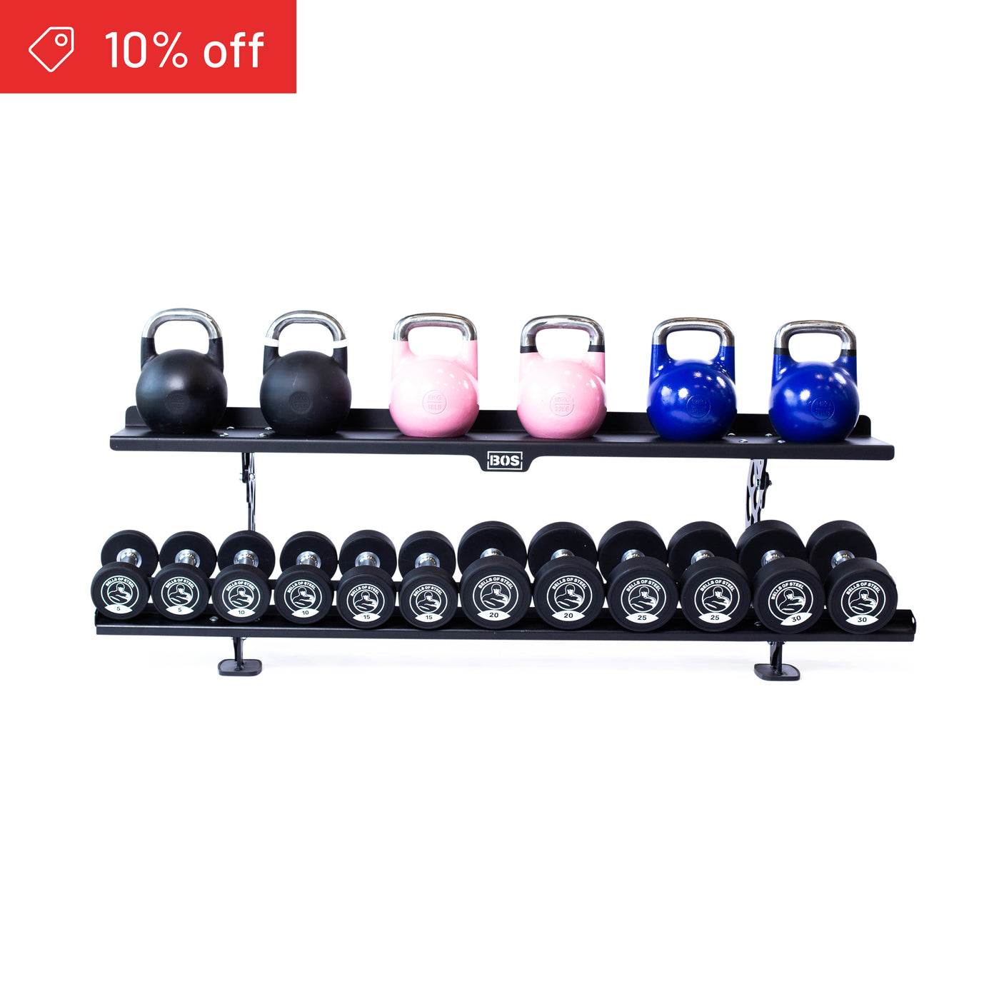 The Bells of Steel Commercial Interchangeable Weight Rack displays competition kettlebells and commercial urethane dumbbells of various sizes and colors on a white background. A red "10% off" banner is in the top left corner.
