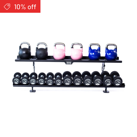 The Bells of Steel Commercial Interchangeable Weight Rack displays competition kettlebells and commercial urethane dumbbells of various sizes and colors on a white background. A red "10% off" banner is in the top left corner.