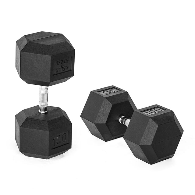 Two black Ergo Rubber Hex Dumbbells by Bells of Steel rest on a white background: one stands upright displaying its weight label, and the other lies flat.