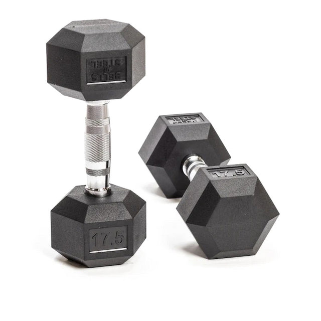 Two Bells of Steel Ergo Rubber Hex Dumbbells with chrome-plated handles are angled on a white background. Each dumbbell has "17.5" embossed, indicating the weight in kilograms.